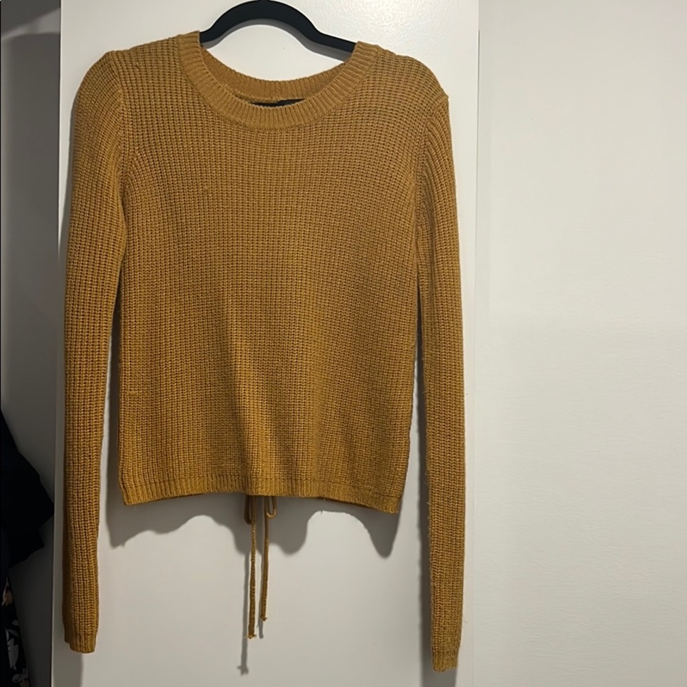 Mustard sweater criss cross tie-back